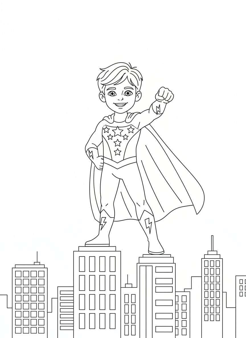 Coloring page with child as superhero